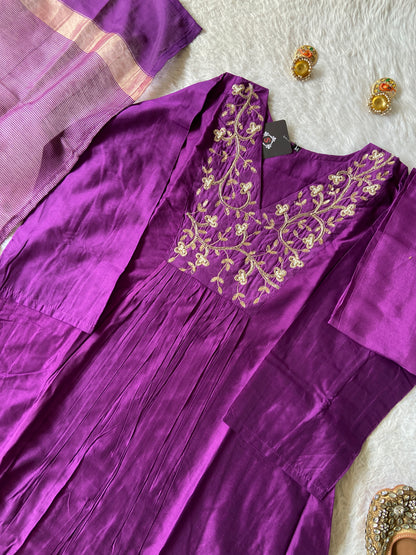 Hand Work Neck, Jamdani Silk Aline Kurti With Palazzo And Dupatta. Silk Suit Sets For Women Online India. Shop the Latest Festive Summer Collection at Shivani Designer Kurti.