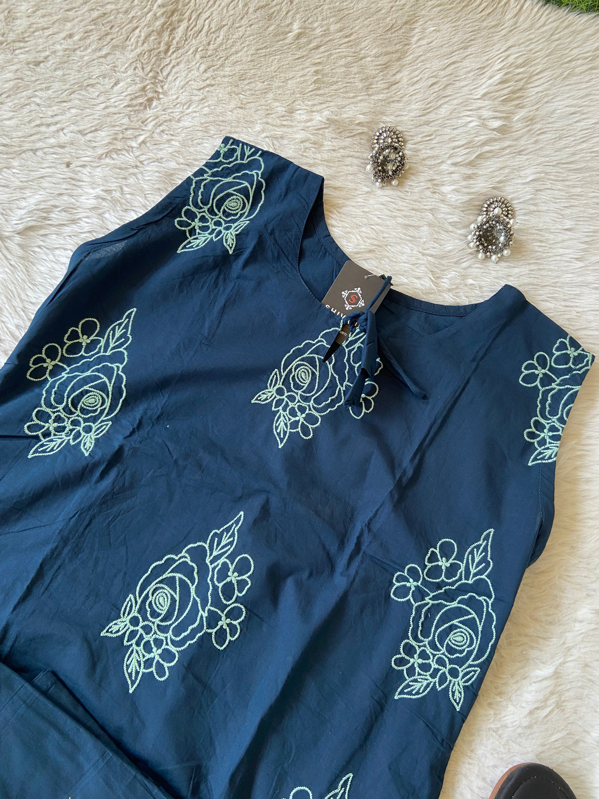 Embroidery Work Sleeveless Cotton Aline Kurti And Palazzo. Cotton Kurti Sets For Women Online India. Shop the Latest Festive Summer Collection at Shivani Designer Kurti.