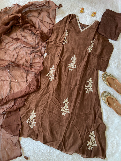 Premium Collection. Handwork In Sleeve And Neck, Banaras Mul Chanderi Aline Kurti With Semi Palazzo And Dupatta. Silk Suit Sets For Women Online India. Shop the Latest Festive Summer Collection at Shivani Designer Kurti.