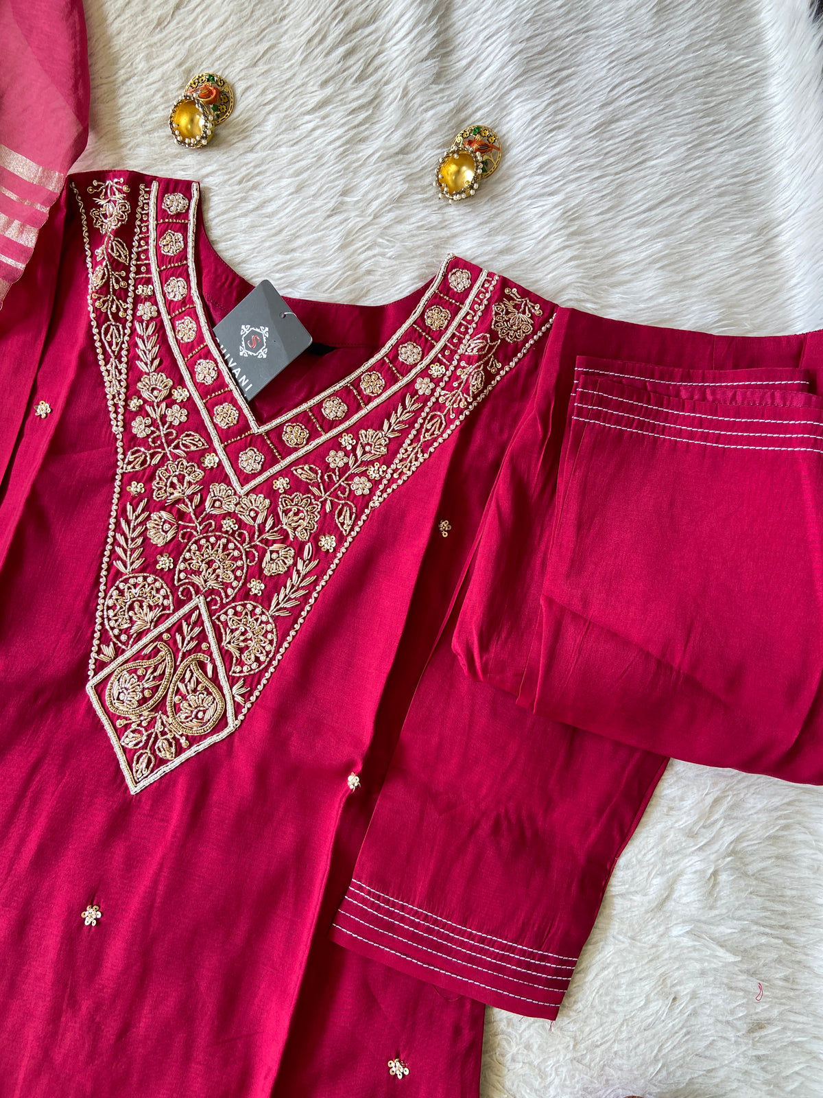 Handwork Straight Silk Kurti With Pant And Dupatta. Silk Suit Sets For Women Online India. Shop the Latest Festive Summer Collection at Shivani Designer Kurti.