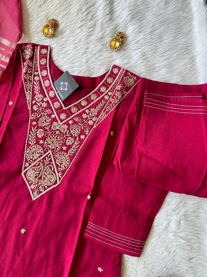 Handwork Straight Silk Kurti With Pant And Dupatta. Silk Suit Sets For Women Online India. Shop the Latest Festive Summer Collection at Shivani Designer Kurti.