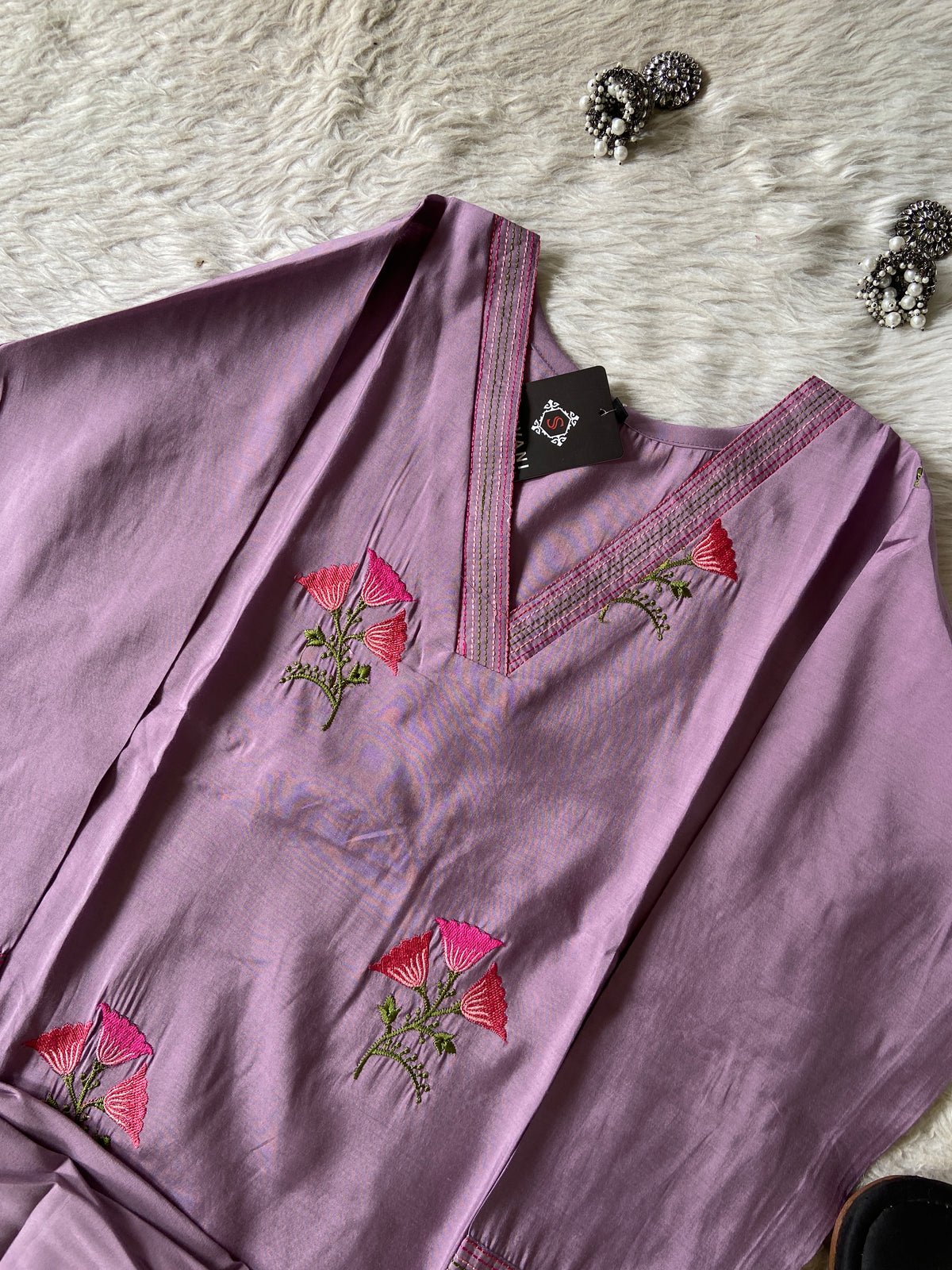Flower Embroidery Work, V-Neck Style Aline Kurti And Palazzo. Silk Aline Kurti Sets For Women Online India. Shop the Latest Festive Summer Collection at Shivani Designer Kurti.