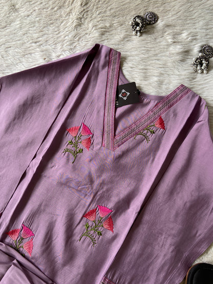 Flower Embroidery Work, V-Neck Style Aline Kurti And Palazzo. Silk Aline Kurti Sets For Women Online India. Shop the Latest Festive Summer Collection at Shivani Designer Kurti.