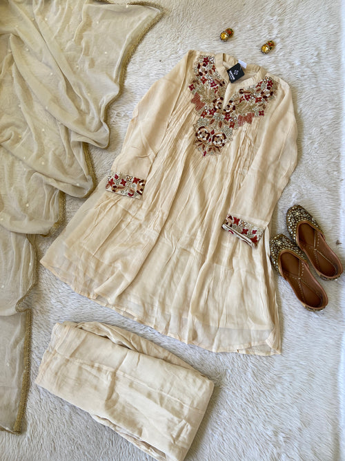 Premium Short Kurti Suit. Full Sleeve Chinnon Short Kurti With Full Flair Palazzo And Dupatta. Silk Suit Sets For Women Online India. Shop the Latest Festive Summer Collection at Shivani Designer Kurti.