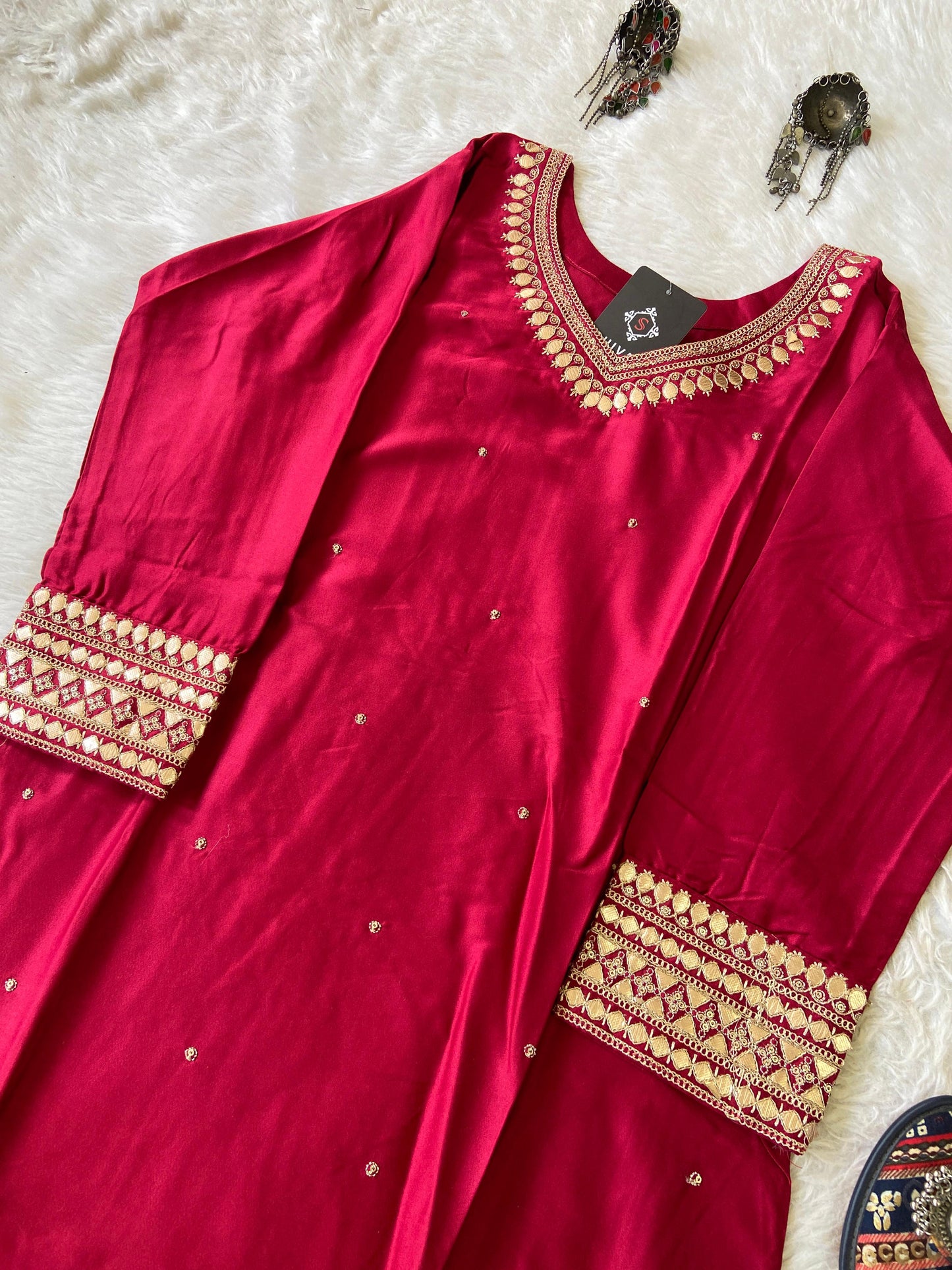 Heavy Gota Patti Work In Neck And Sleeve, Satin Silk Straight Cut Kurti For Women