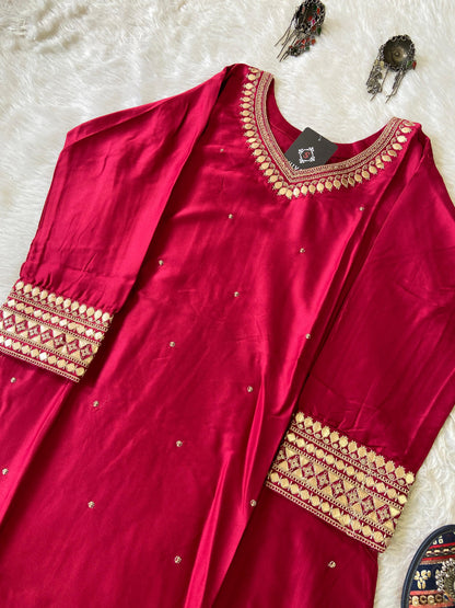 Heavy Gota Patti Work In Neck And Sleeve, Satin Silk Straight Cut Kurti For Women
