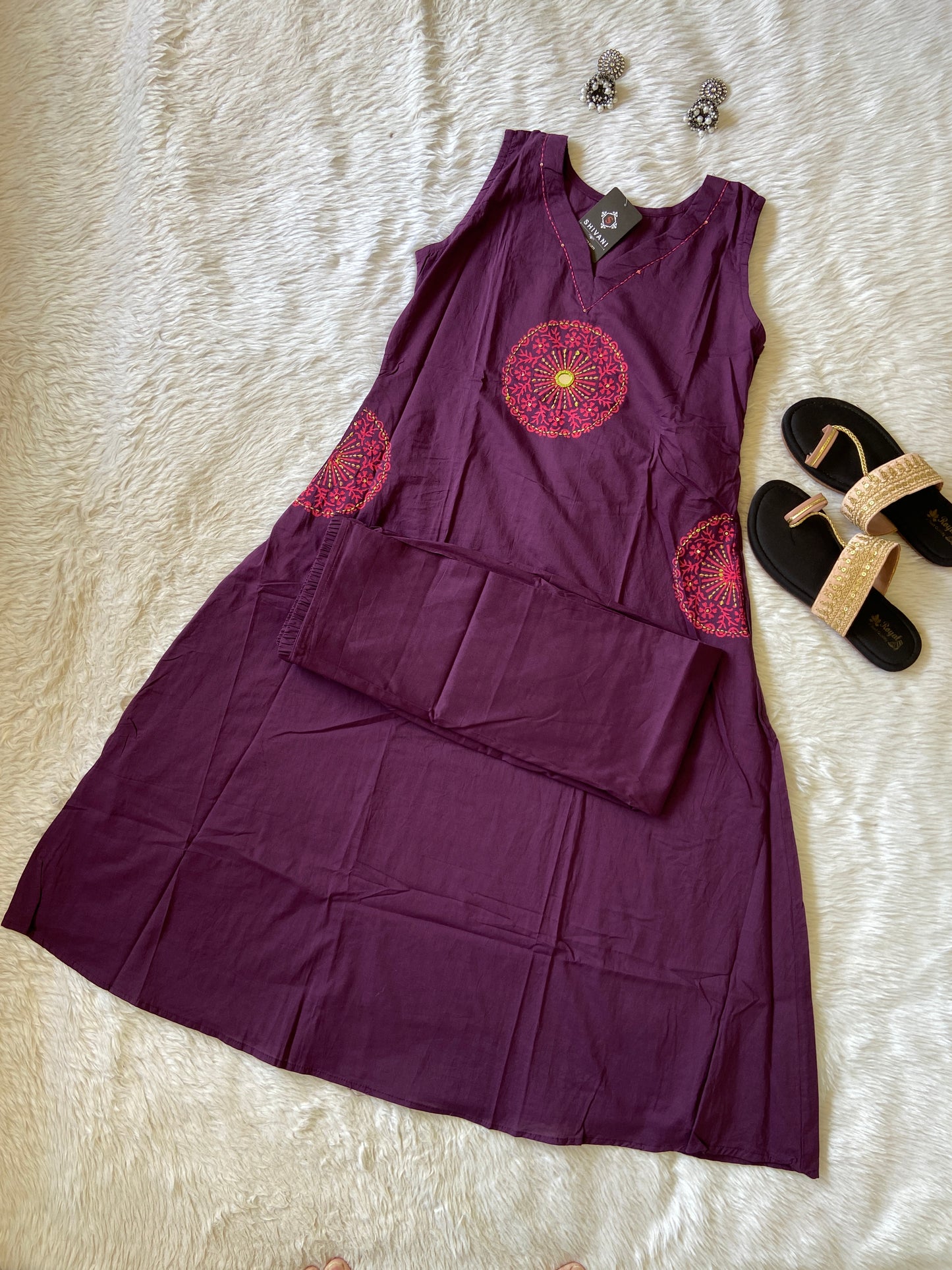 Sleeveless Block Printed Aline Kurti With Palazzo, Cotton Aline Kurtis Sets For Women