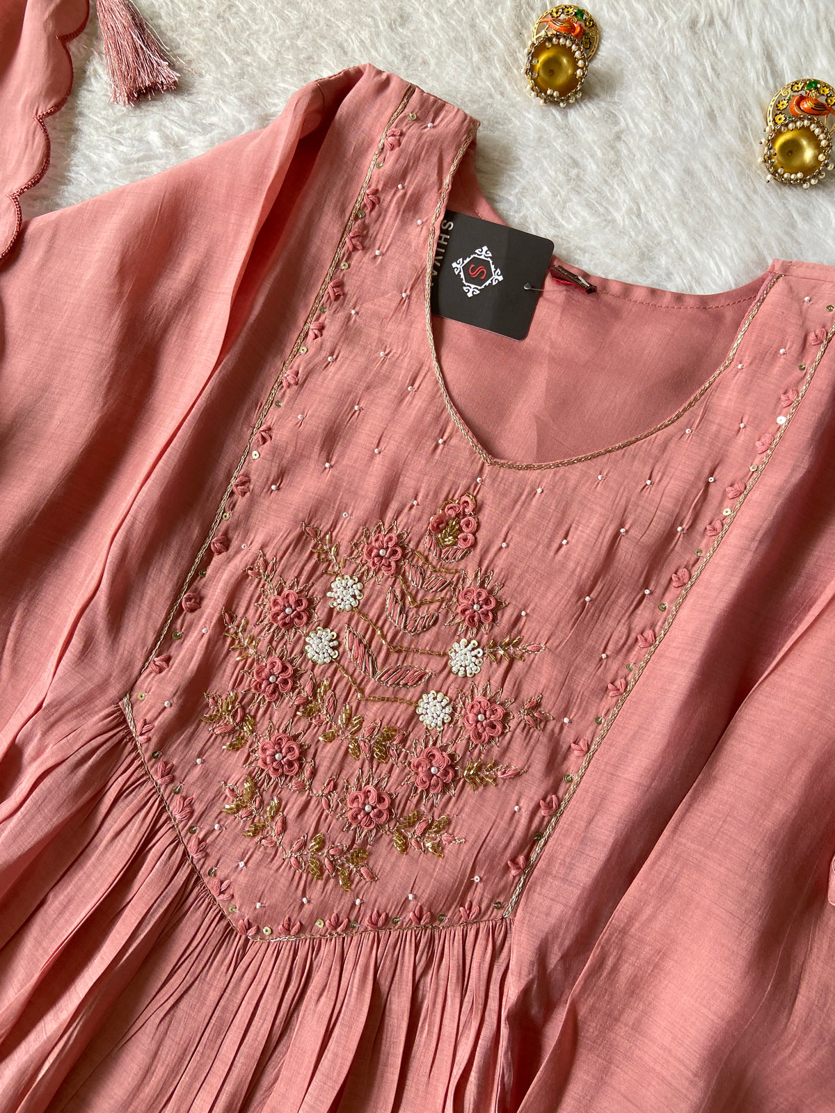 Hand Work Neck, Mul Chanderi Aline Kurti With Palazzo And Dupatta. Silk Suit Sets For Women Online India. Shop the Latest Festive Summer Collection at Shivani Designer Kurti.