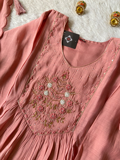 Hand Work Neck, Mul Chanderi Aline Kurti With Palazzo And Dupatta. Silk Suit Sets For Women Online India. Shop the Latest Festive Summer Collection at Shivani Designer Kurti.