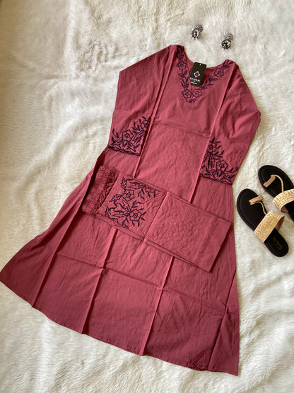 Aline Kurti With Embroidery Neck Work And Palazzo Work. Cotton Aline Kurti Sets For Women