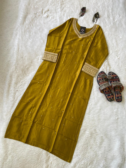 Heavy Gota Patti Work In Neck And Sleeve, Satin Silk Straight Cut Kurti For Women