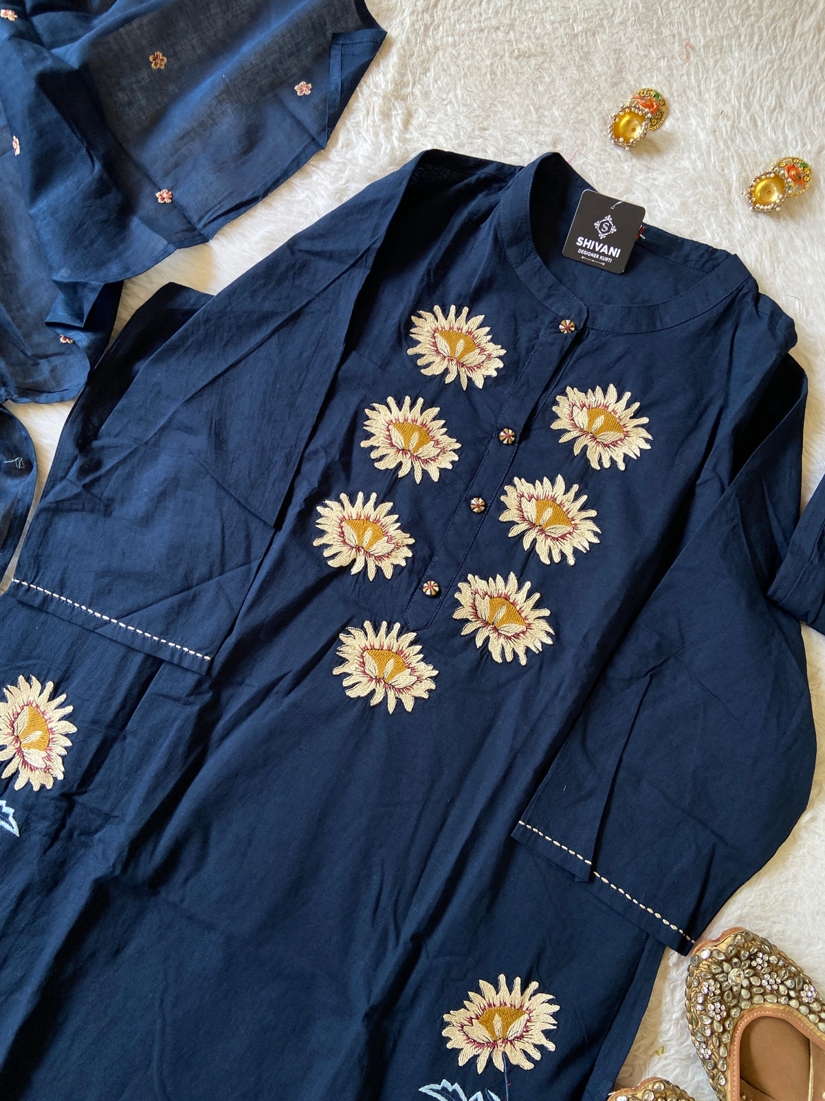 Flower Embroidery Work Cotton Straight Kurti, Pant And Dupatta. Cotton Suit Sets For Women Online India. Shop the Latest Festive Summer Collection at Shivani Designer Kurti.