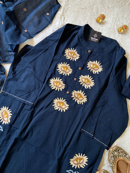 Flower Embroidery Work Cotton Straight Kurti, Pant And Dupatta. Cotton Suit Sets For Women Online India. Shop the Latest Festive Summer Collection at Shivani Designer Kurti.