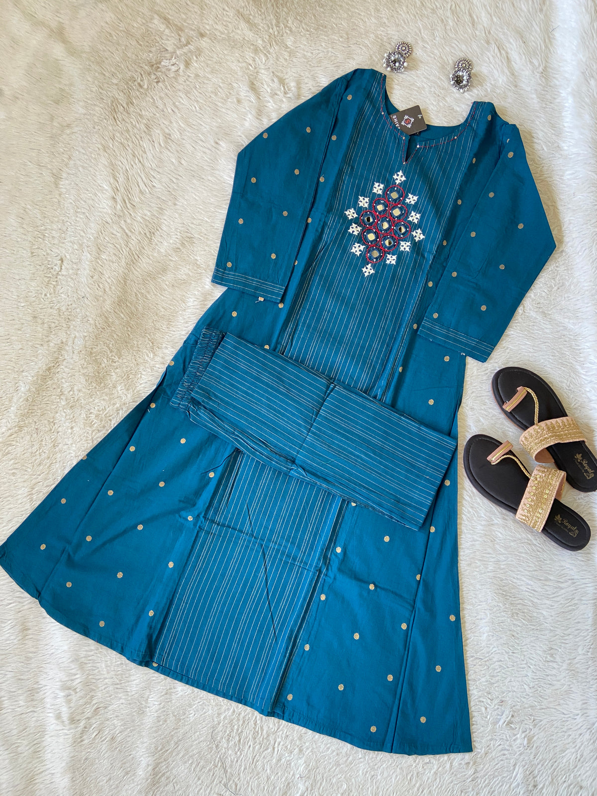 Mirror Work With Hand Work Cotton Aline Kurti With Pant. Cotton Kurti Sets For Women Online India. Shop the Latest Festive Summer Collection at Shivani Designer Kurti.