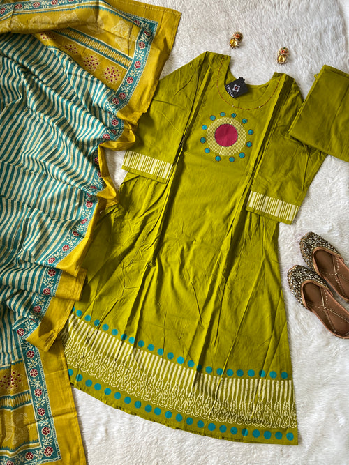 Block Print Cotton Aline Kurti, Palazzo And Printed Dupatta (Gamthi Suit). Cotton Suits Sets For Women Online India. Shop the Latest Festive Summer Collection at Shivani Designer Kurti.