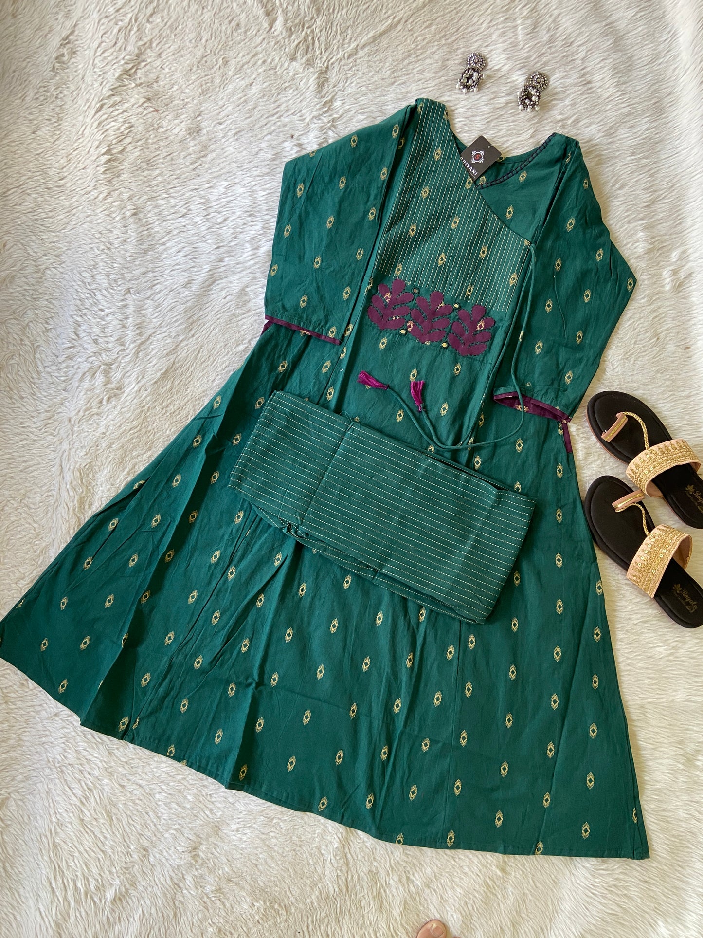 Angarakha Style With Aplic Work Aline Kurti And Palazzo (Gamthi Pair). Cotton Aline Kurti Sets For Women.