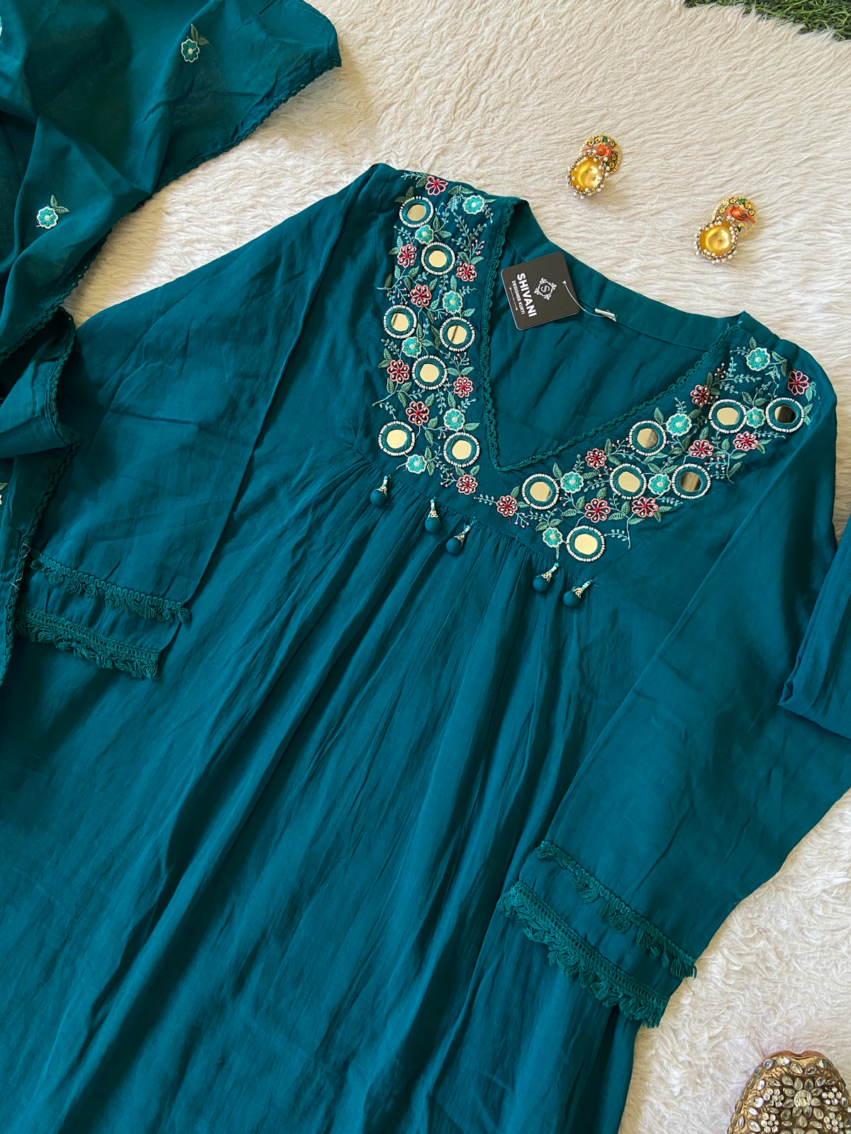 Flower Embroidery Work Cotton Aline Kurti, Pant And Dupatta. Cotton Suit Sets For Women Online India. Shop the Latest Festive Summer Collection at Shivani Designer Kurti.