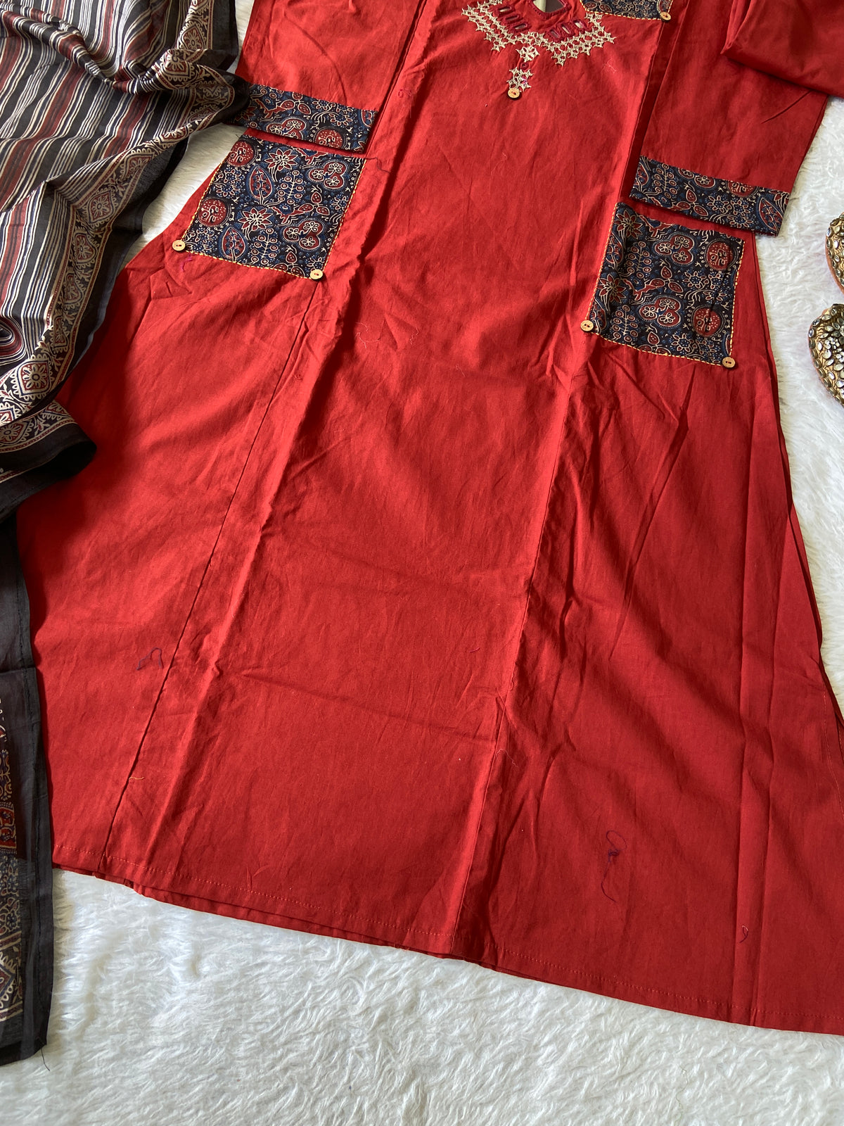 Cotton Hand Work Aline Kurti With Plain Palazzo And Printed Dupatta (Gamthi Pair). Cotton Suit Sets For Women Online India. Shop the Latest Festive Summer Collection at Shivani Designer Kurti.