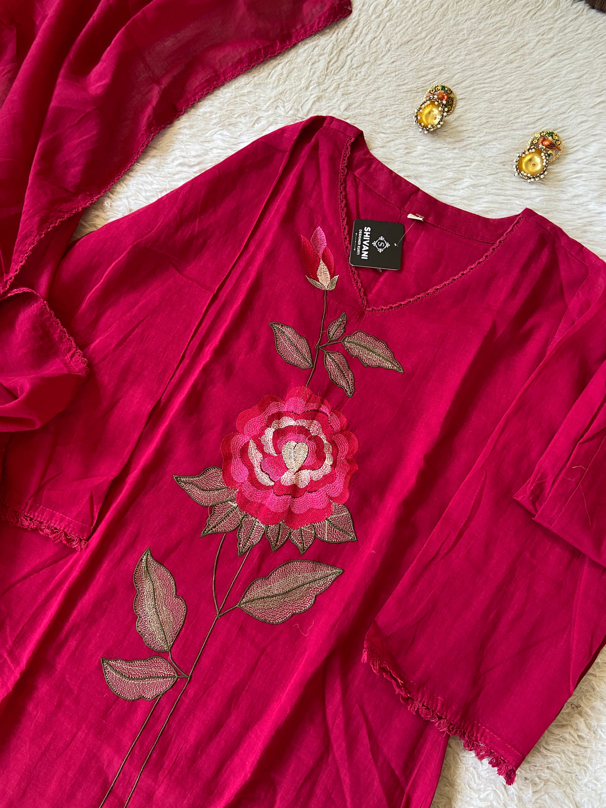 Flower Embroidery Work Cotton Aline Kurti, Pant And Dupatta. Cotton Suit Sets For Women Online India. Shop the Latest Festive Summer Collection at Shivani Designer Kurti.