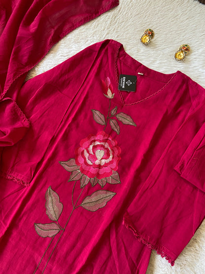 Flower Embroidery Work Cotton Aline Kurti, Pant And Dupatta. Cotton Suit Sets For Women Online India. Shop the Latest Festive Summer Collection at Shivani Designer Kurti.