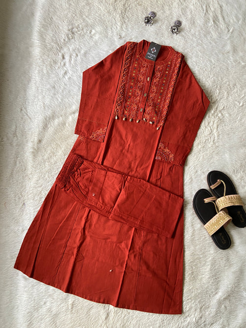 EmbroideryWork In Neck, Cotton Aline Kurti With Palazzo. Cotton Aline Kurti Sets For Women Online India. Shop the Latest Festive Summer Collection at Shivani Designer Kurti.
