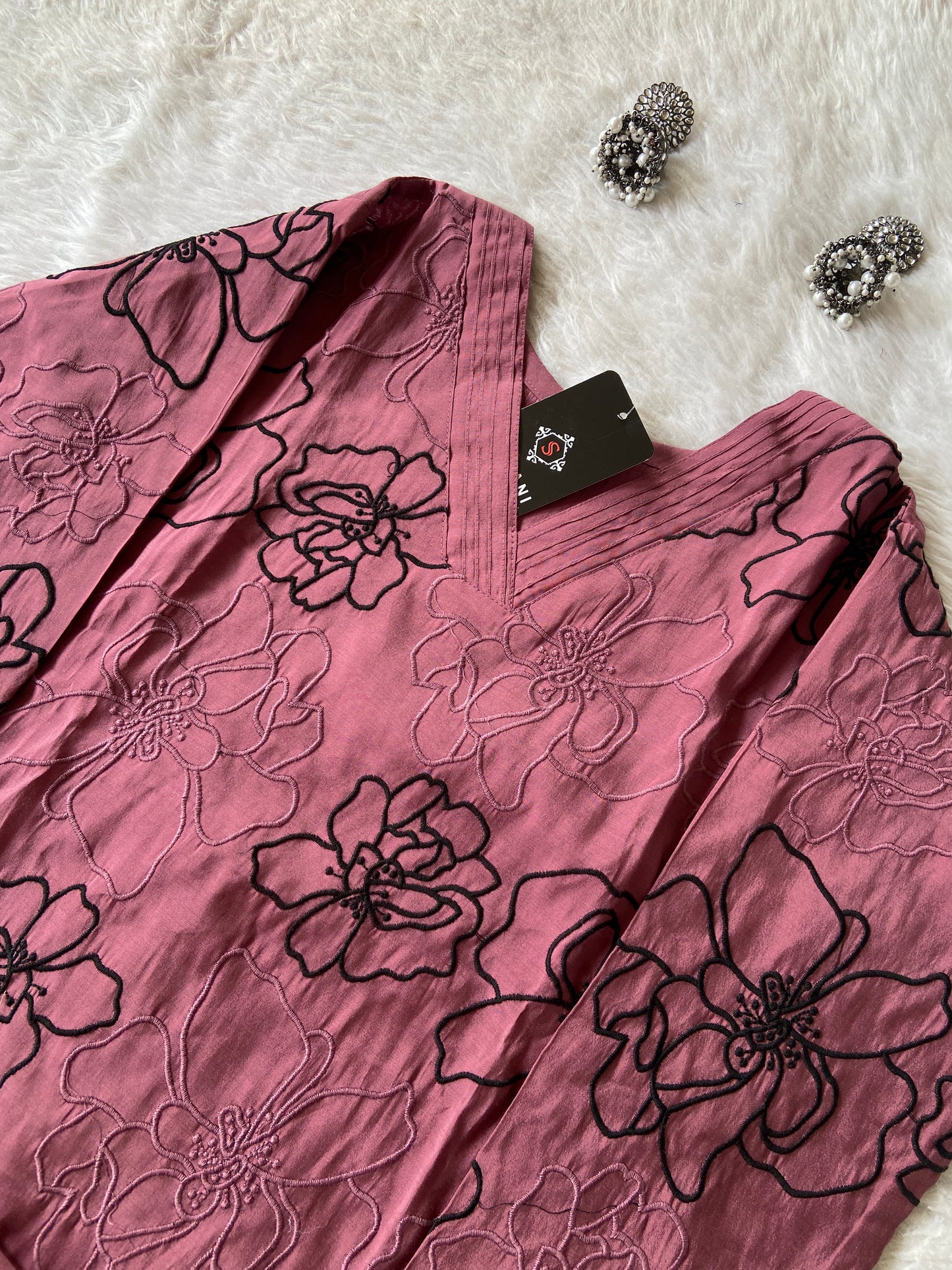 Flower Design Embroidery Work In Aline Kurti With Plain Palazzo, Silk Aline Kurti Sets For Women