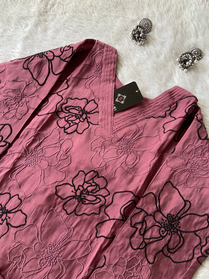 Flower Design Embroidery Work In Aline Kurti With Plain Palazzo, Silk Aline Kurti Sets For Women