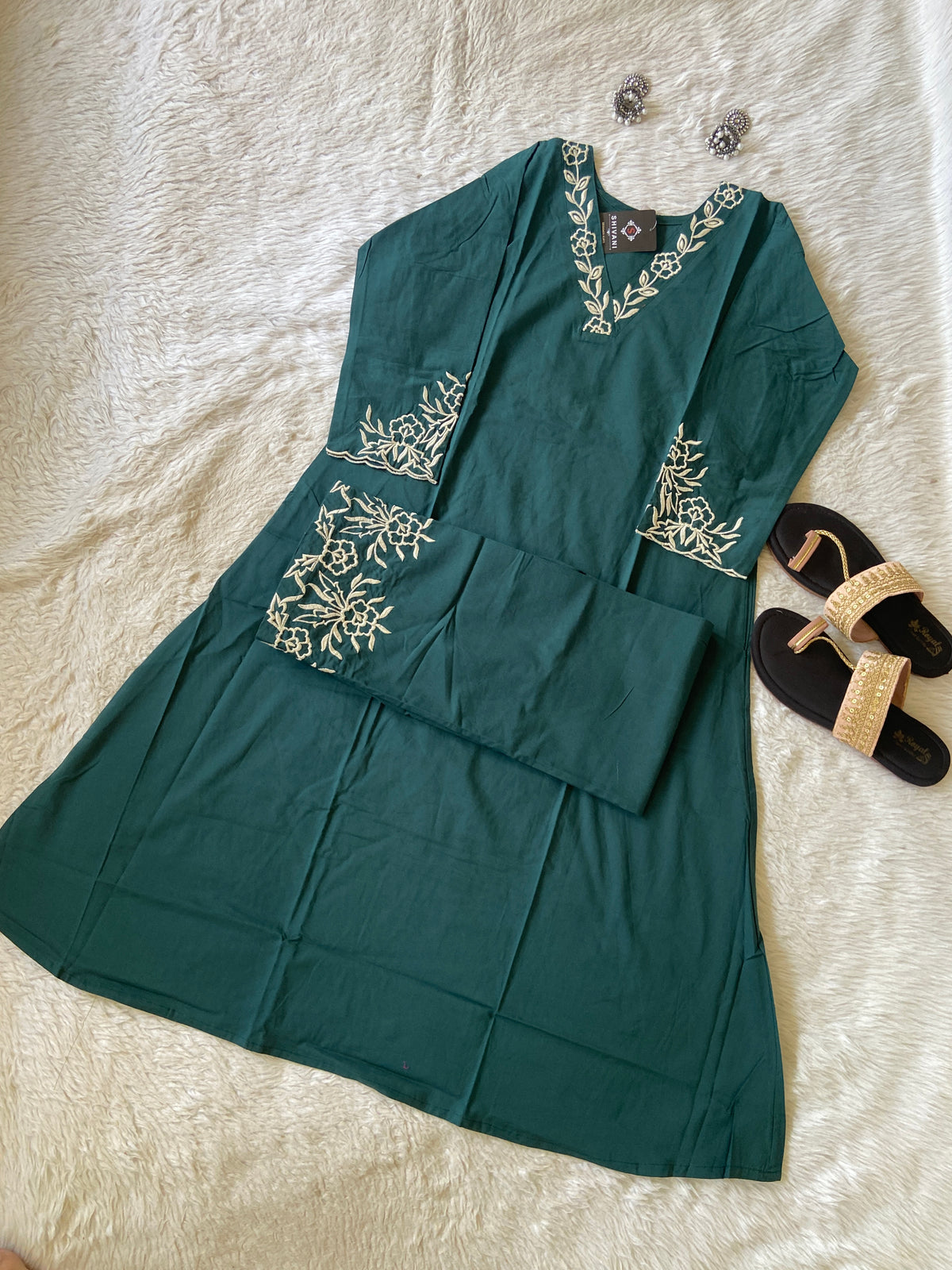 Flower Embroidery Work Cotton Aline Kurti With Palazzo. Cotton Kurti Sets For Women Online India. Shop the Latest Festive Summer Collection at Shivani Designer Kurti.