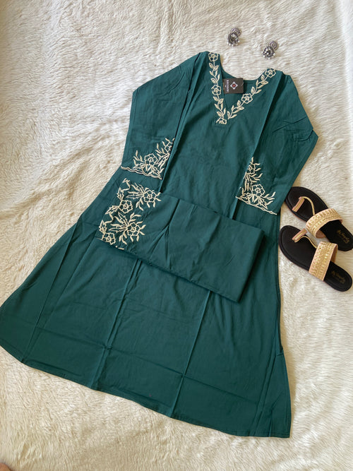 Flower Embroidery Work Cotton Aline Kurti With Palazzo. Cotton Kurti Sets For Women Online India. Shop the Latest Festive Summer Collection at Shivani Designer Kurti.
