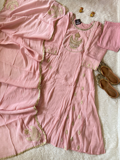 Embroidery Work Mul Chanderi ALine Kurti With Semi Palazzo And Dupatta. Silk Suit Sets For Women Online India. Shop the Latest Festive Summer Collection at Shivani Designer Kurti.