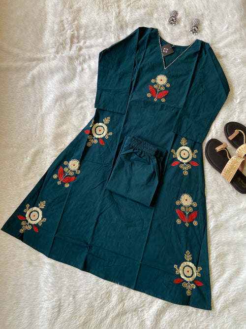 VNeck Aline Kurti With Embroidery Work And With Matching Palazzo. Cotton Aline Kurti Sets For Women