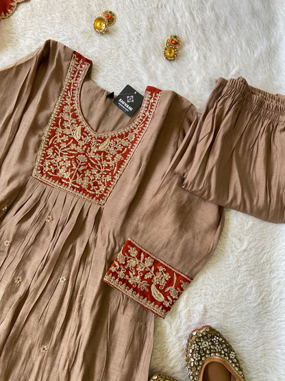Beautiful Work In Neck, Aline Kurti With Semi Palazzo And Dupatta. Silk Suit Sets For Women Online India. Shop the Latest Festive Summer Collection at Shivani Designer Kurti.
