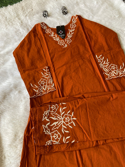 Aline Kurti With Embroidery Neck Work And Palazzo Work. Cotton Aline Kurti Sets For Women