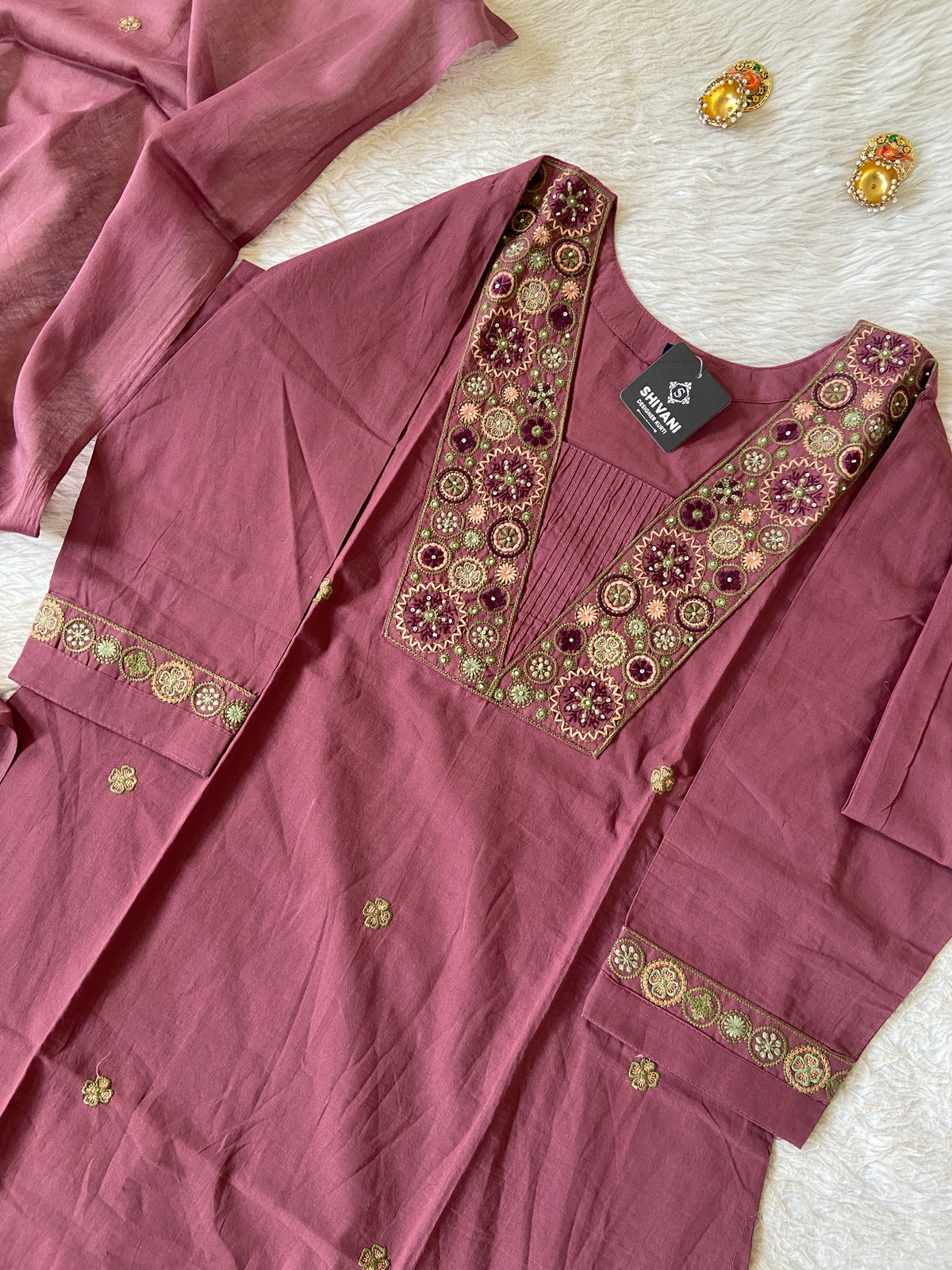 Embroidery Work Cotton Straight Cut Kurti With Pant And Dupatta. Cotton Suit Sets For Women Online India. Shop the Latest Festive Summer Collection at Shivani Designer Kurti.)