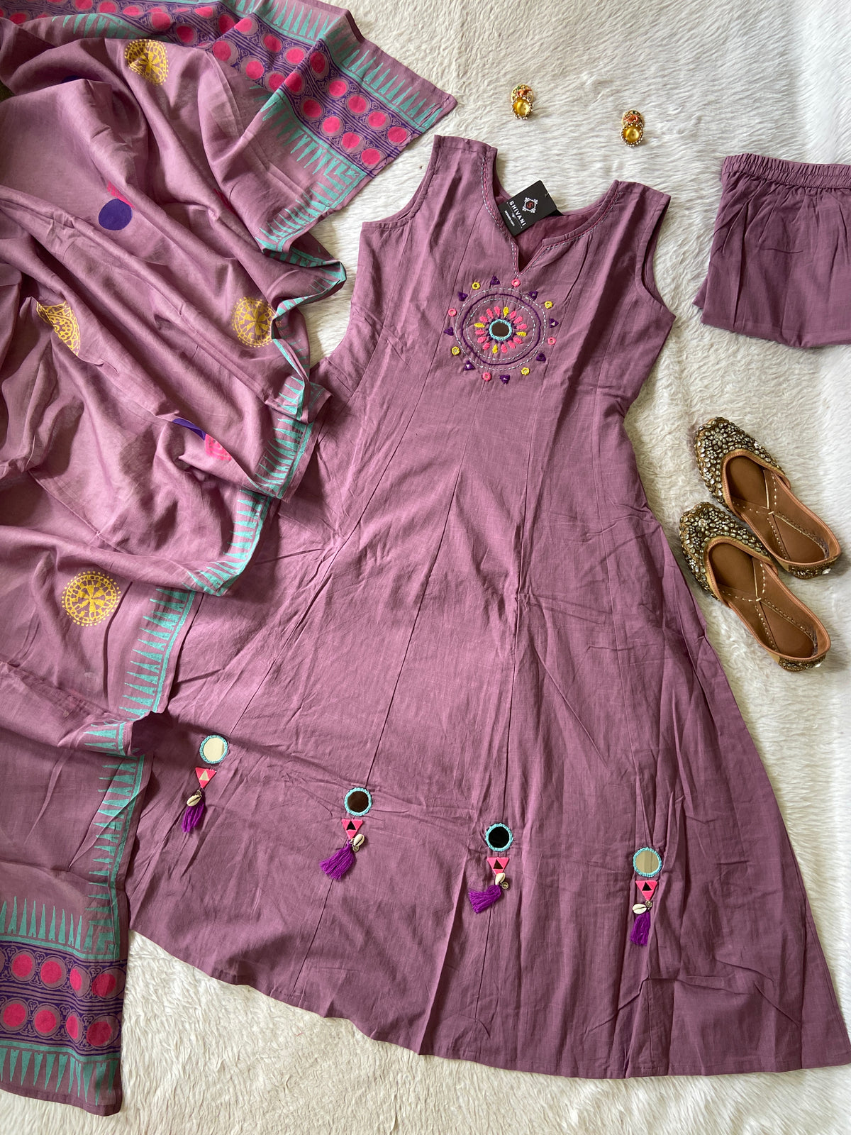 Mirror Work Cotton Anarkali Sleeveless Kurti, Palazzo And Dupatta. Cotton Anarkali Kurti Suits For Women Online India. Shop the Latest Festive Summer Collection at Shivani Designer Kurti.