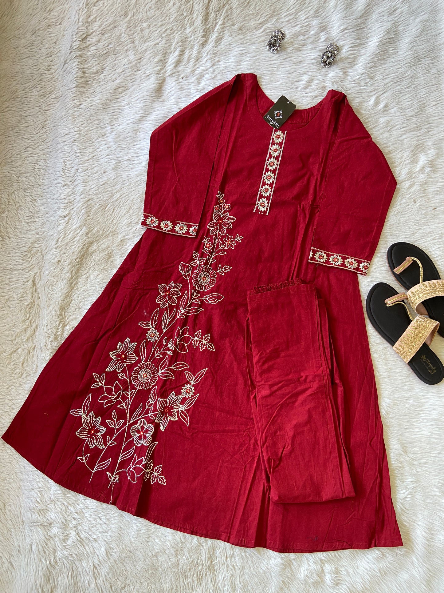 White Embroidery Work In Kurti With Matching Palazzo, Cotton Aline Kurti Sets For Women