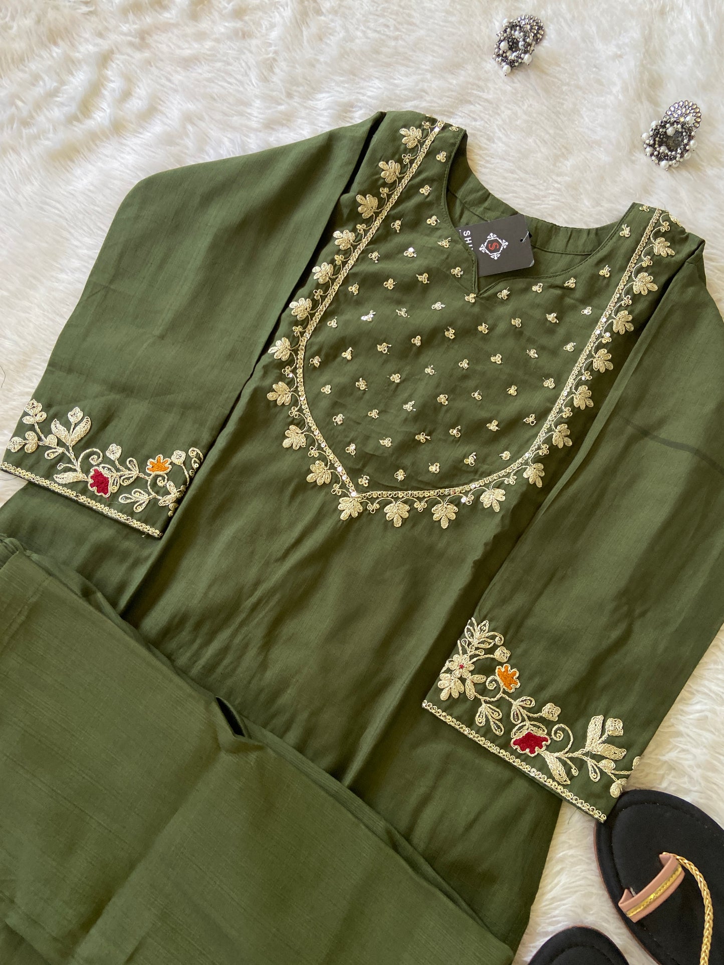 Sleeve Work And Neck Work Kurti With Matching Palazzo, Silk StraightCut Kurti Sets For Women