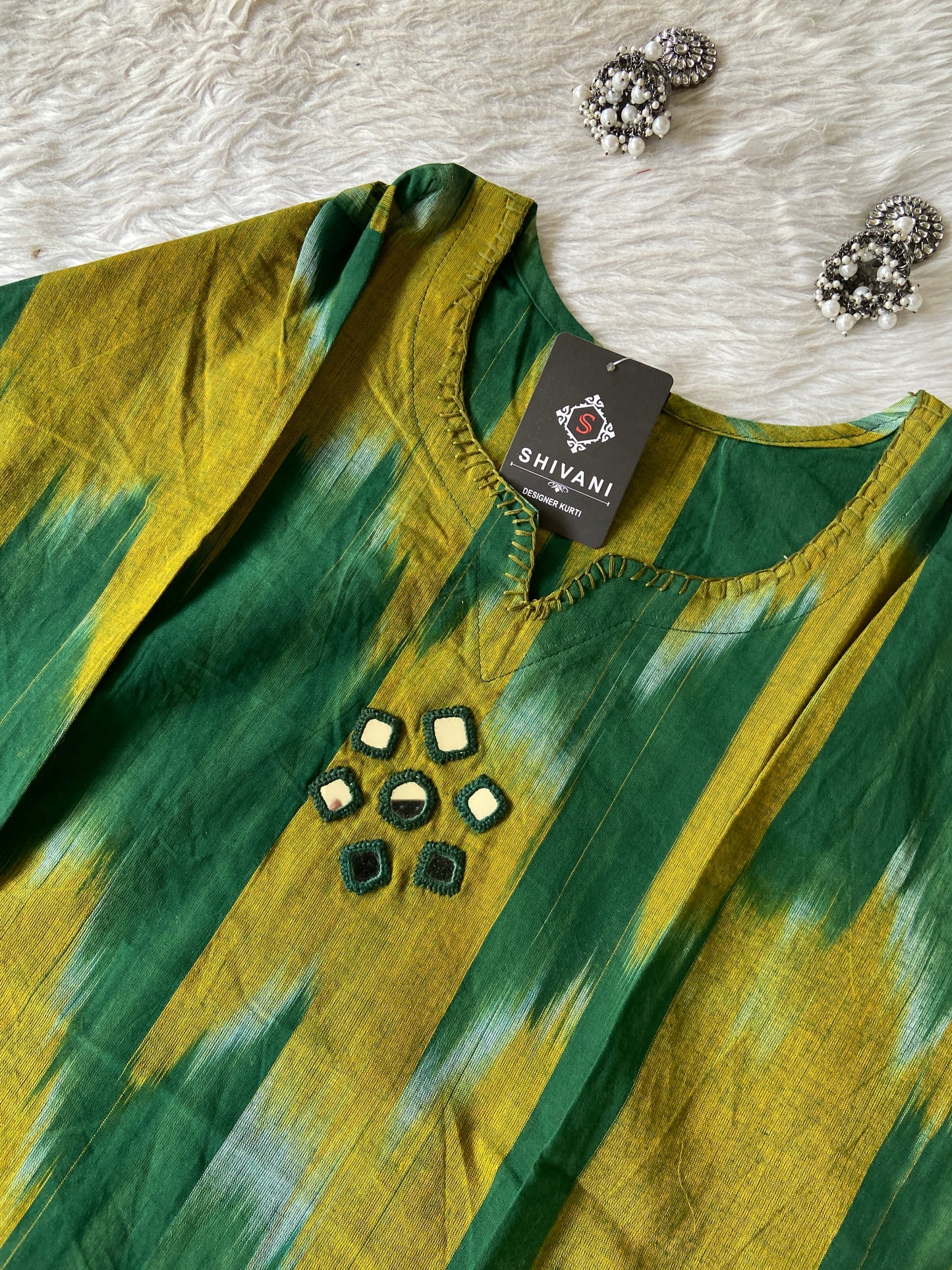 Ikkat Print Cotton Aline Kurti With Palazzo. Cotton Aline Kurti Sets For Women Online India. Shop the Latest Festive Summer Collection at Shivani Designer Kurti.