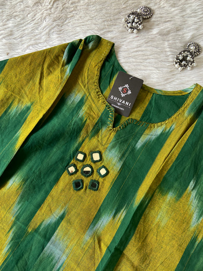 Ikkat Print Cotton Aline Kurti With Palazzo. Cotton Aline Kurti Sets For Women Online India. Shop the Latest Festive Summer Collection at Shivani Designer Kurti.