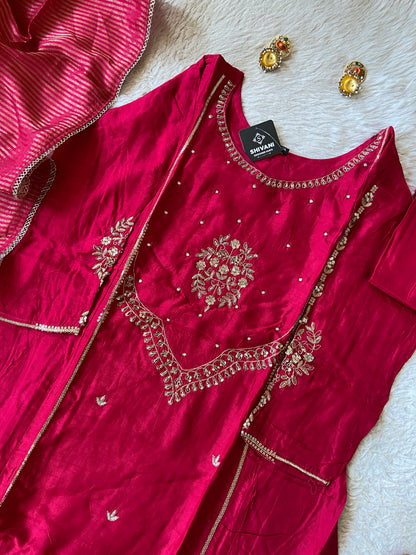 Heavy Neck Work Aline Kurti With Pant And Dupatta. Silk Suit Sets For Women Online India. Shop the Latest Festive Summer Collection at Shivani Designer Kurti.