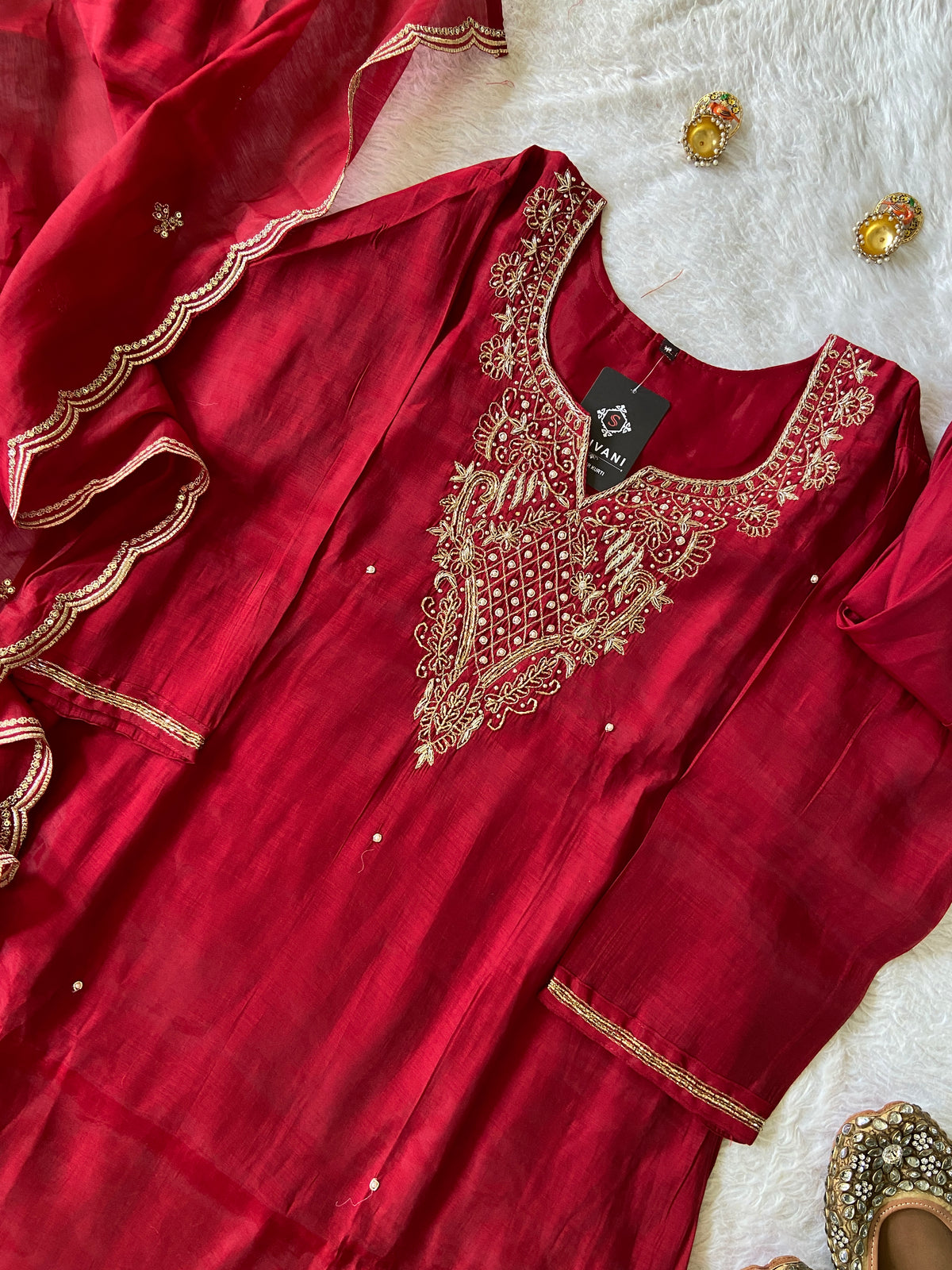 Handwork Aline Kurti With Palazzo And Dupatta. Silk Suit Sets For Women Online India. Shop the Latest Festive Summer Collection at Shivani Designer Kurti.
