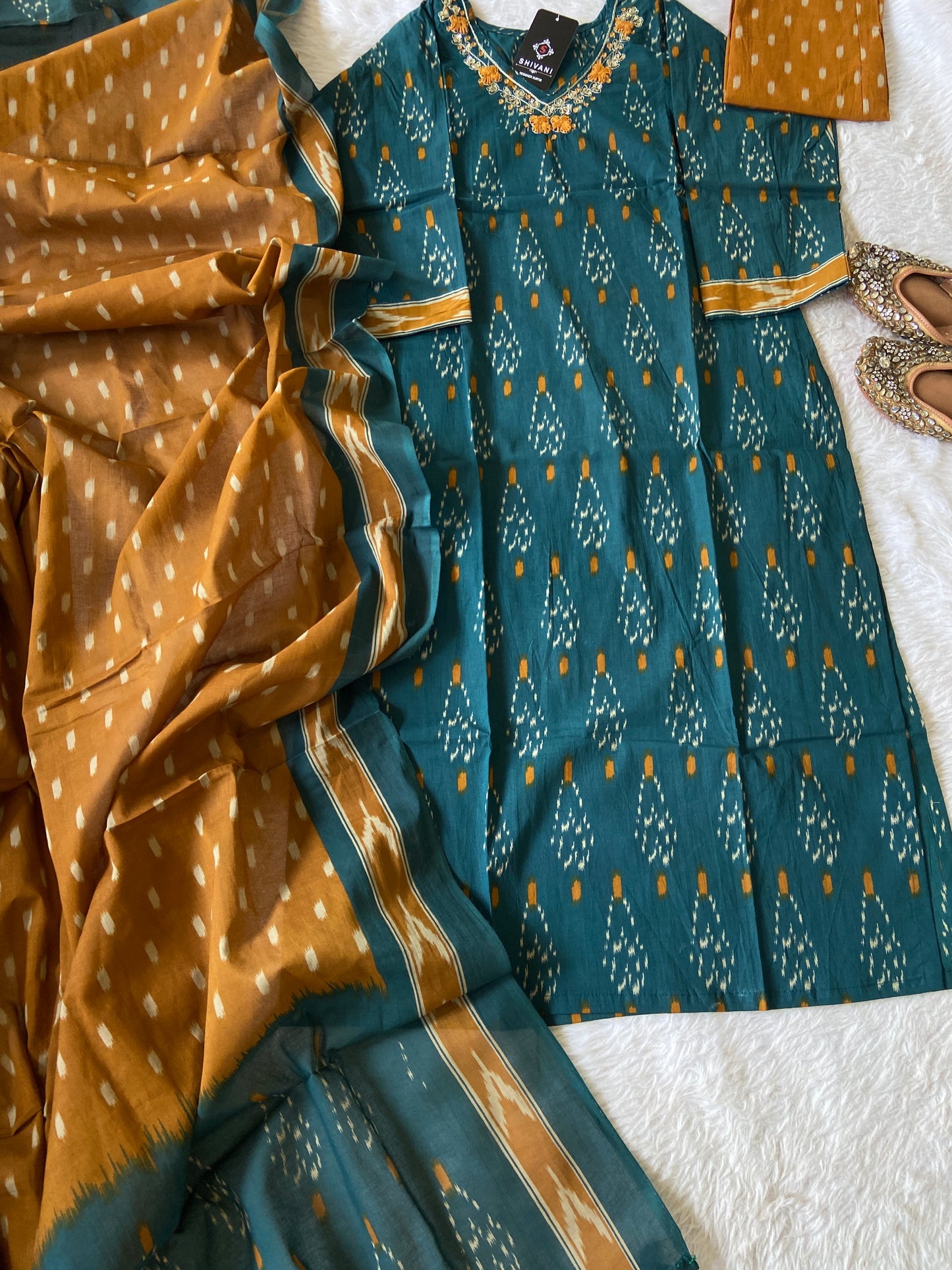 Ikkat Print With VNeck Handwork With Pant And Dupatta. Cotton StraightCut Suit Sets For Women