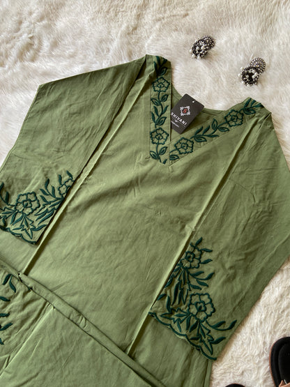 Aline Kurti With Embroidery Neck Work And Palazzo Work. Cotton Aline Kurti Sets For Women