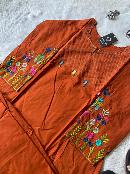 Embroidery Work Cotton Aline Kurti And Palazzo. Cotton Aline Kurti Sets For Women Online India. Shop the Latest Festive Summer Collection at Shivani Designer Kurti.
