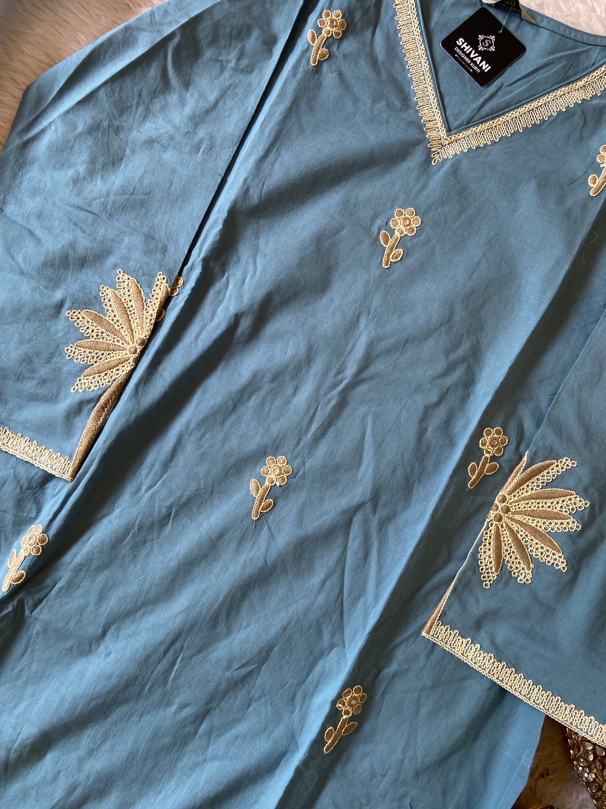Flower Embroidery Work Cotton Straight Kurti, Pant And Dupatta. Cotton Suit Sets For Women Online India. Shop the Latest Festive Summer Collection at Shivani Designer Kurti.