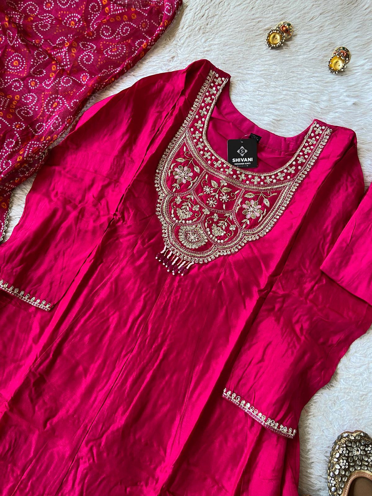 Premium Hand Work Anarkali Kurti With Pant And Bandhani Dupatta. Silk Suit Sets For Women Online India. Shop the Latest Festive Summer Collection at Shivani Designer Kurti.