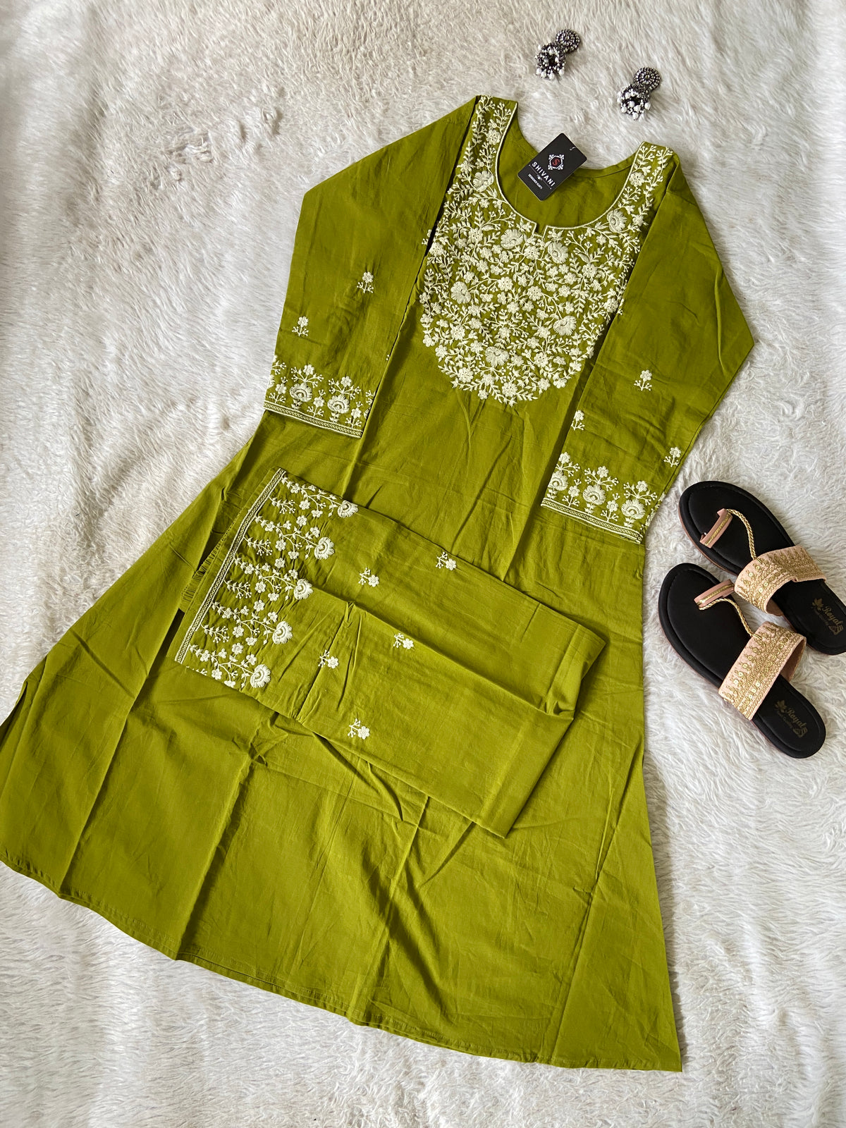 Embroidery Work Cotton Aline Kurti And Palazzo. Cotton Aline Kurti Sets For Women Online India. Shop the Latest Festive Summer Collection at Shivani Designer Kurti.