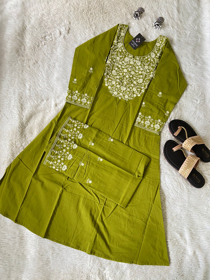 Embroidery Work Cotton Aline Kurti And Palazzo. Cotton Aline Kurti Sets For Women Online India. Shop the Latest Festive Summer Collection at Shivani Designer Kurti.
