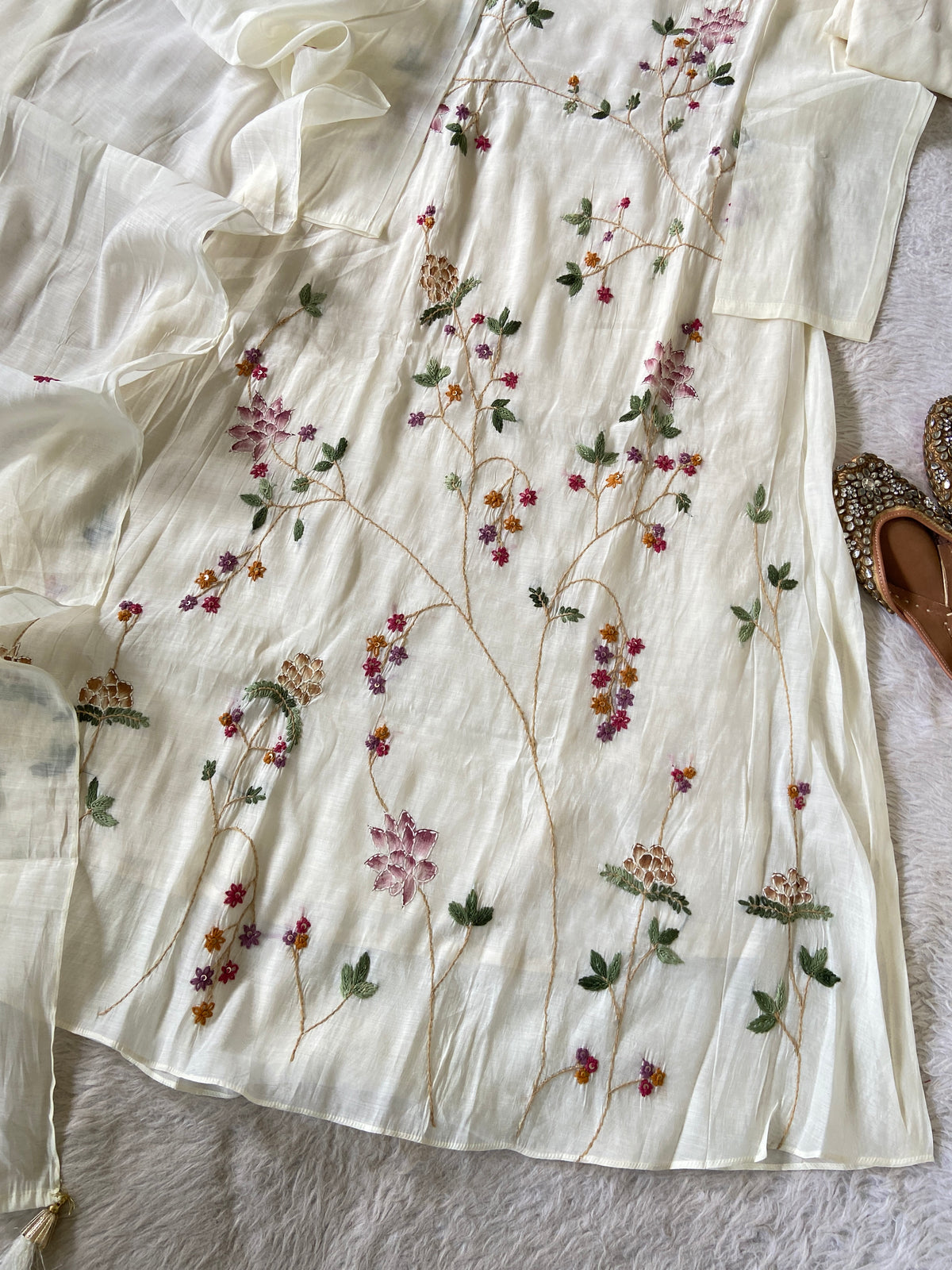 Hand Thread  Work Mul Chanderi Silk Aline Kurti (Lining Available) With Palazzo And Dupatta. Silk Suit Sets For Women Online India. Shop the Latest Festive Summer Collection at Shivani Designer Kurti.