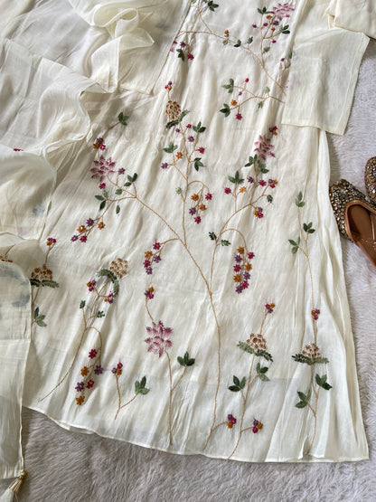 Hand Thread  Work Mul Chanderi Silk Aline Kurti (Lining Available) With Palazzo And Dupatta. Silk Suit Sets For Women Online India. Shop the Latest Festive Summer Collection at Shivani Designer Kurti.